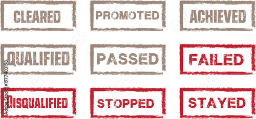 Achievement and status stamps vector illustration set including cleared and failed labels.
