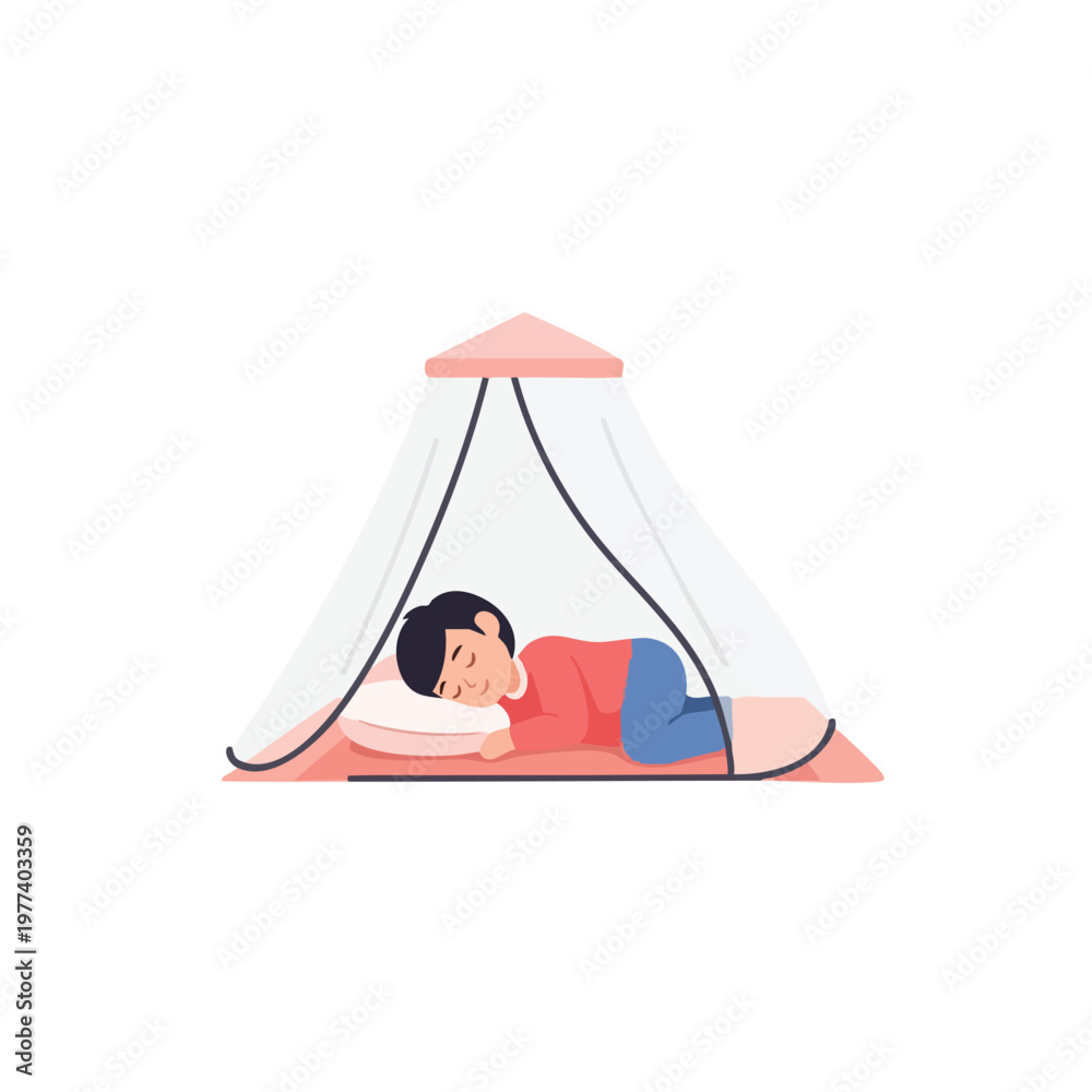 Obraz premium Person sleeping peacefully inside a mosquito net tent.