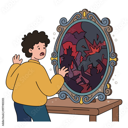 Person shocked by reflection in a broken mirror.