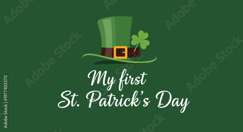 Festive St. Patrick's Day illustration featuring a green leprechaun hat decorated with a gold buckle and a three-leaf clover on a green background.