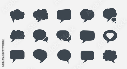 Collection of various dark grey speech and thought bubble icons in different shapes and sizes arranged on a light grey background for communication.