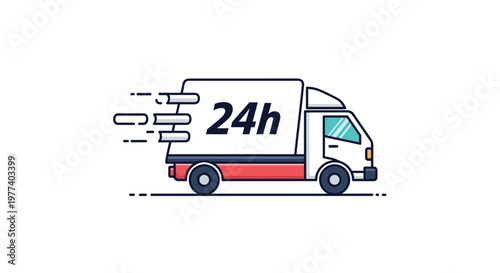 Modern flat illustration of a white delivery truck with motion lines and twenty-four hour text representing fast express shipping and logistics.