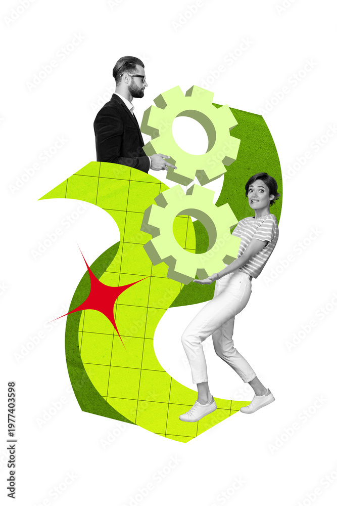 Naklejka premium Vertical photo collage of two business partners boss guy employee girl hold gears promotion path aim progress isolated on painted background