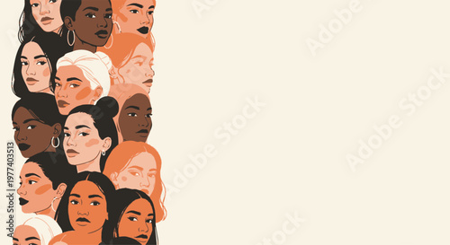 Friendship Day Diverse group of women faces in a row representing global sisterhood and international friendship day in a modern vector style