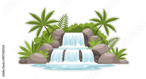 Tropical Island Waterfall Scene.