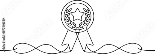 Winner award badge continuous one line drawing vector illustration. One line draw graphic design vector