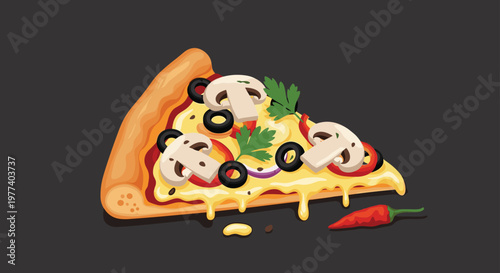 Delicious appetizing slice of pizza topped with melted cheese, mushrooms, black olives, red peppers, and fresh herbs on a dark background.