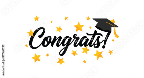 Celebration graduation card design featuring the text congrats in script font with a black mortarboard cap and golden yellow stars on white.