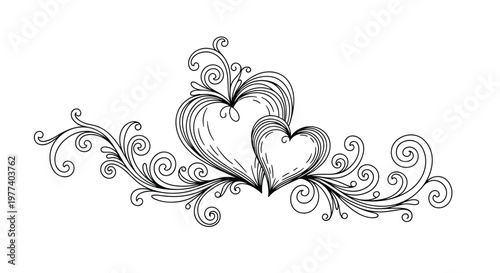 Elegant black and white line art illustration featuring two intertwined hearts decorated with intricate floral swirls and filigree details.