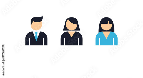Set of three professional business profile icons representing diverse office staff members in formal suits on a clean white background.