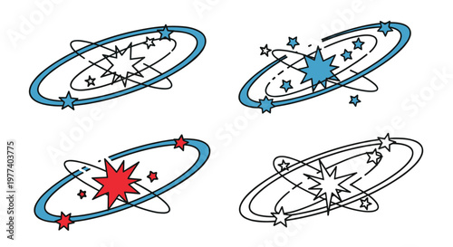 Collection of four stylized starburst or collision icons with colorful concentric rings and stars on a white background for comic designs.