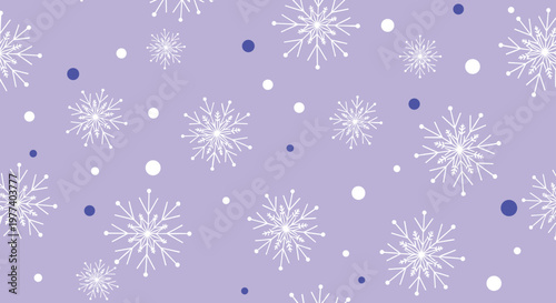 Delicate winter seamless pattern featuring white intricate snowflakes and dark blue and white polka dots on a soft lavender purple background.
