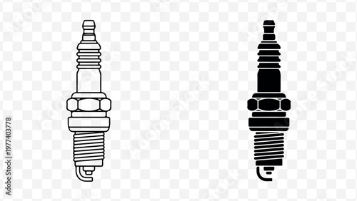 Detailed black and white spark plug illustrations for automotive designs isolated on Transparent Background