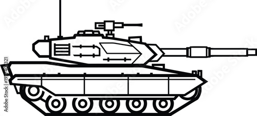 Military battle tank line icon, armored combat vehicle with cannon turret, modern army defense weapon vector illustration