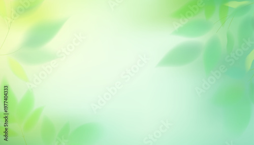 A soft spring green gradient background with turquoise and yellow hues and blurred green leaves.Mesh texture, softly blurred leaves and a natural glow. Botanical vector background for seasonal designs