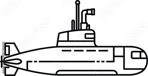 Military submarine line icon, underwater naval warship vessel with periscope, modern navy defense vehicle vector illustration