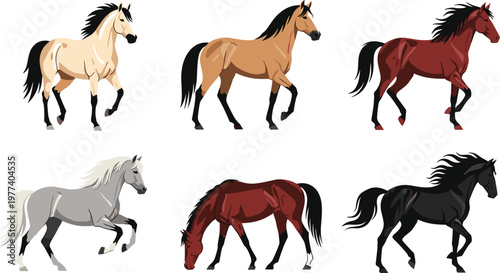 Professional Strong Horse Breeds Vector Set Featuring Diverse Running and Standing Stallions Isolated on White Background for Equestrian and Nature Designs