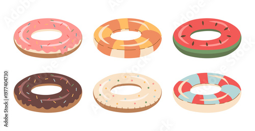 Set of inflatable swimming rings in flat style. Items for summer seaside or pool recreation, shaped like watermelons, donuts, and simply bright stripes. Vector illustrations