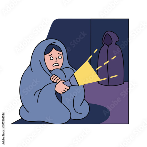 Person wrapped in blanket looking scared.