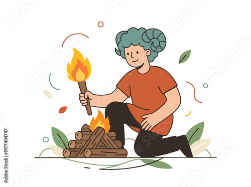 Person with Ram Horns Lighting Campfire with Torch.