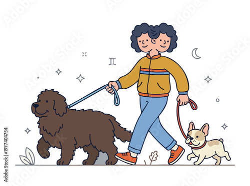 Person with Two Heads Walking Two Dogs.