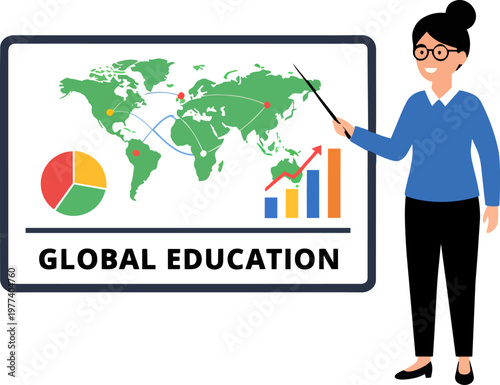 Global Education Concept Illustrated with World Map and Business Charts