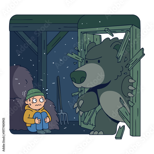 Scared boy hiding from a giant bear breaking into a barn.