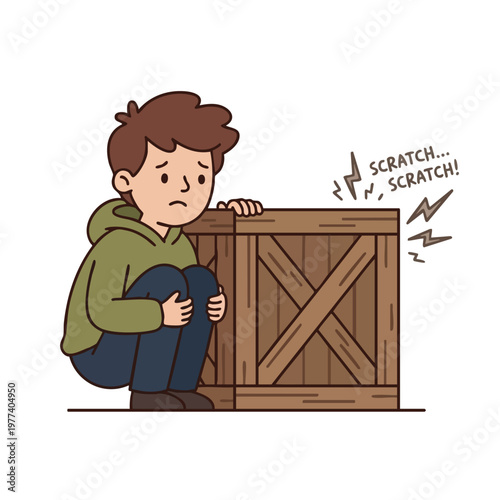 Scared boy hiding behind wooden crate with scratching sounds.