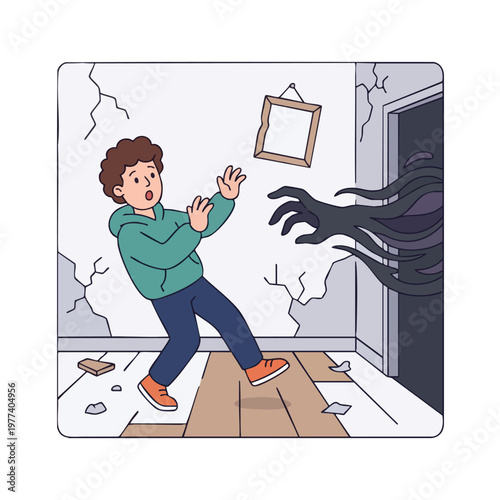 Scared boy running from a dark shadowy monster in a haunted house.