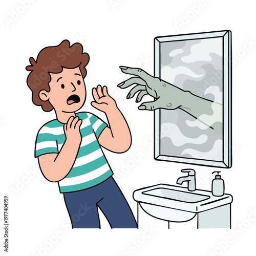 Scared boy sees monster hand reaching from mirror.