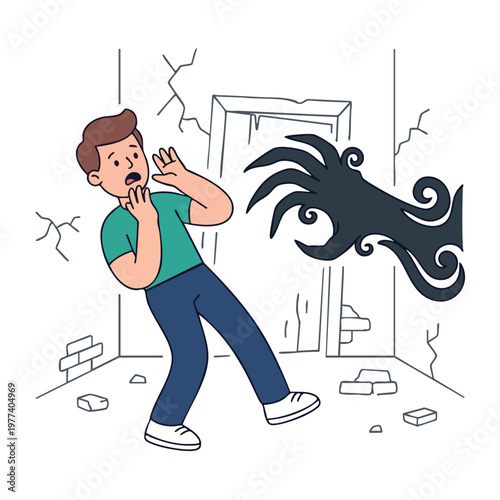 Scared man facing a dark shadowy monster hand reaching out.