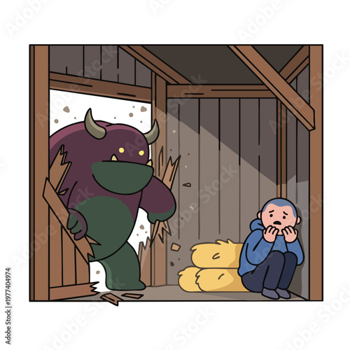 Scared child hiding from monster breaking into barn.