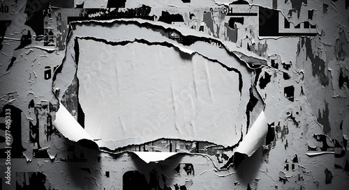 Dramatic torn paper effect revealing a blank white space high contrast black and white