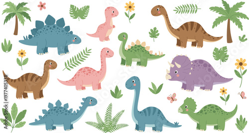 Professional Cute Dinosaur Vector Illustration Set Featuring Diverse Cartoon Prehistoric Animals and Tropical Jungle Leaves Isolated on White Background for Kids Designs