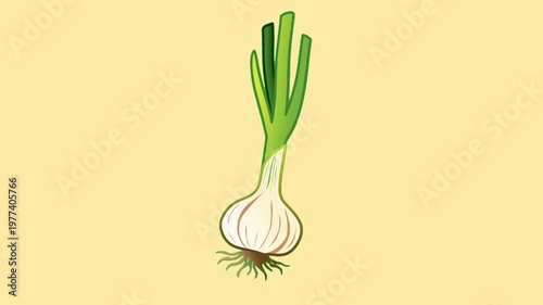 2D Animated Green Onion with Fresh Leaves and Root Detail for Cooking Ingredient