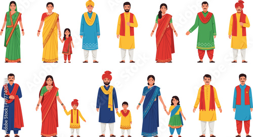 Indian Family And People Vector Set Featuring Men Women And Children In Traditional Attire Like Saree Kurta And Turban For Cultural Celebration And Community Graphic Designs