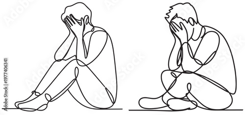 continuous line drawing of depressed man sitting on floor, single line drawing illustrating emotions of sadness, depression, or distress. 