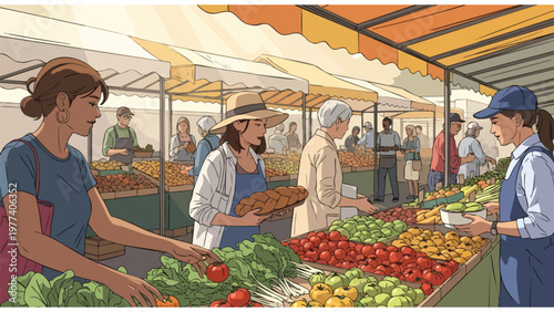 Fresh Produce Market Scene: Shoppers Buying Organic Fruits & Vegetables at Outdoor Stalls