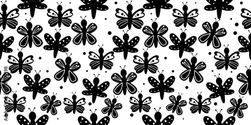 Butterfly silhouette seamless pattern busy insects nature background