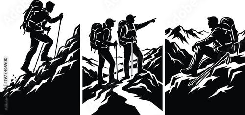 Black and white mountain hiking silhouettes set featuring backpackers climbing peaks and exploring nature trails, ideal for outdoor adventure and travel design projects