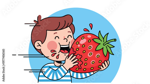 Happy Kid Eating Giant Strawberry - Healthy Food Concept, Summer Fruit Joy, Kids Nutrition