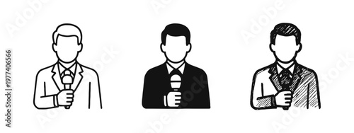 News Reporter with Microphone Icon Set in Outline Solid and Hand Drawn Doodle Styles
