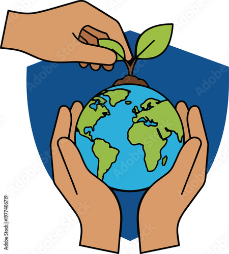 Hands holding a sprouting plant on a globe with a shield background