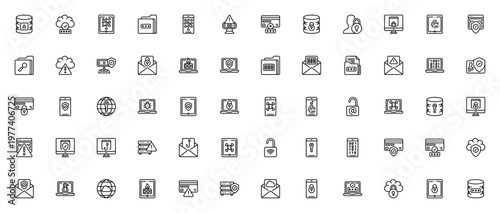Data security icon set. Vector symbols for server, cloud computing, tablet, smartphone, padlock, email, browser and more. Editable thin line icons.