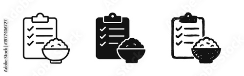 Diet Plan Clipboard and Rice Bowl Icon Set in Outline Solid and Hand Drawn Doodle Styles