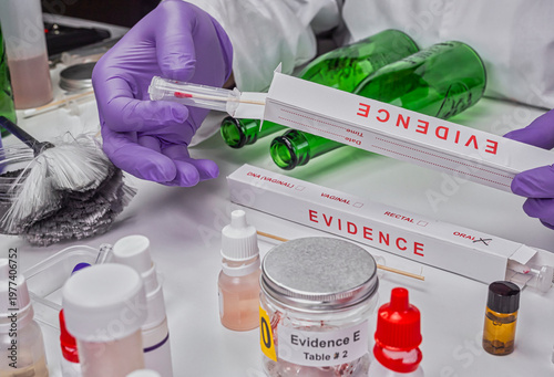 Blood-stained glass sample in an evidence cup, concept image