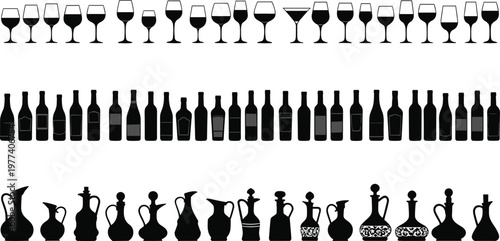 Collection of wine glasses, bottles and decanters silhouettes, black vector illustration set of bar drinkware and alcohol containers isolated on light background