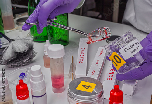 Police expert gets blood sample from a broken glass bottle in Criminalistic Lab, conceptual image