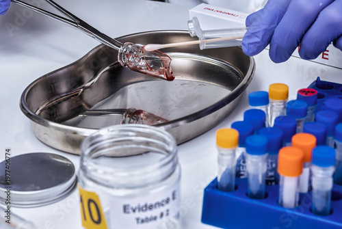 Police expert gets blood sample from a broken glass bottle in Criminalistic Lab, conceptual image