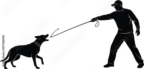 Highly detailed silhouette of a professional K9 dog trainer using a training stick and whip to command a protective aggressive German Shepherd guard dog.